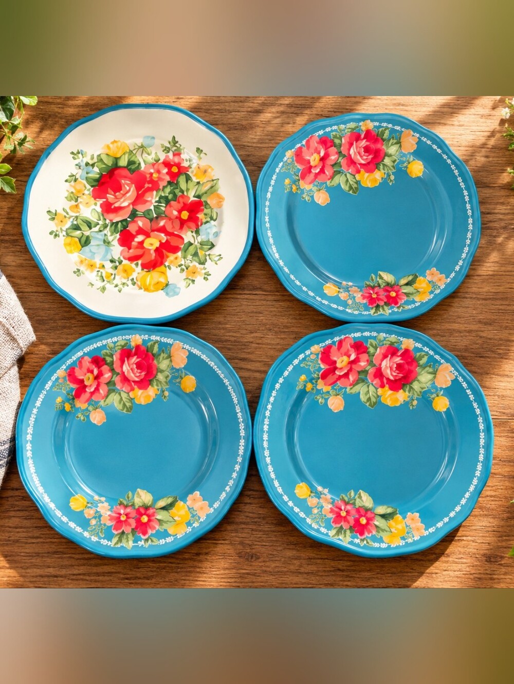 The Pioneer Woman Vintage Floral Dinner Plates Set of 4 Turquoise Teal Scallope